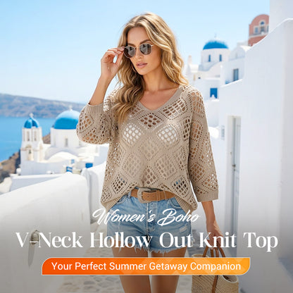 🔥Hot Sale-Women's Boho Crochet Tops V Neck Hollow Out Knit Shirts