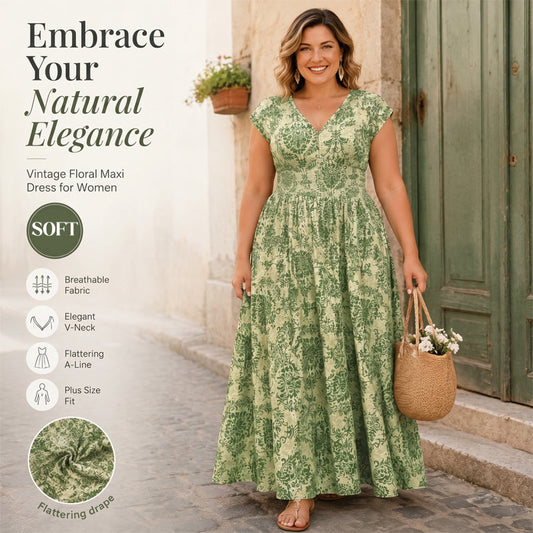 👗 Women's V-Neck Floral Smocked Maxi Dress – Elegant, Bohemian, Lightweight 🦋
