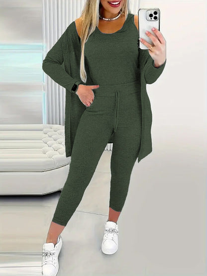 Women's Solid Color Tank Top & Pants & Outwear Lounge Set