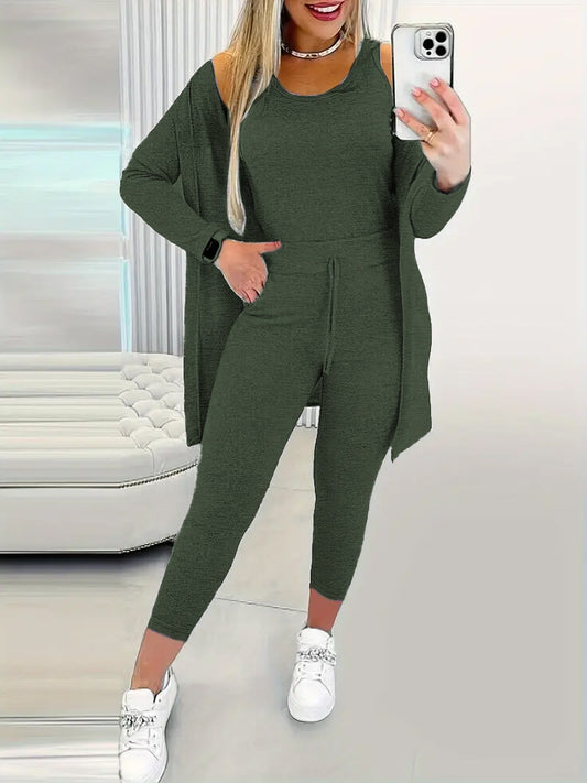 Women's Solid Color Tank Top & Pants & Outwear Lounge Set