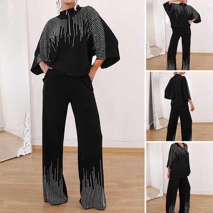 ⏳Limited-time 50% off⏰Women's Rhinestone Half-Zip Top & Loose Pants 2-Piece Set👚👖
