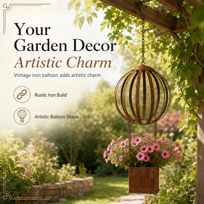 📢📢 50% OFF🌿Vintage Hot Air Balloon Hanging Planter – Distressed Metal Flower Pot for Garden & Patio Decor