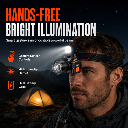 Super Bright Motion Sensor LED Headlamp Style Rechargeable Headlight with Dual Lithium Battery for Outdoor Night Fishing and Camping